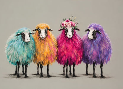 Quatre moutons turquoise, jaune, rose et violet réunis dans un tableau animal drôle et coloré. Création originale fabriquée en France.
