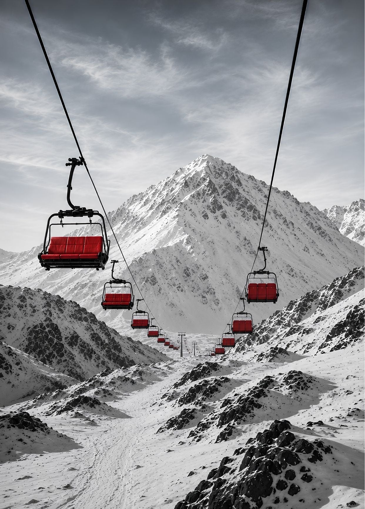 Tableau télésiège montagne noir et blanc avec sièges rouges suspendus face à de hauts sommets enneigés.
