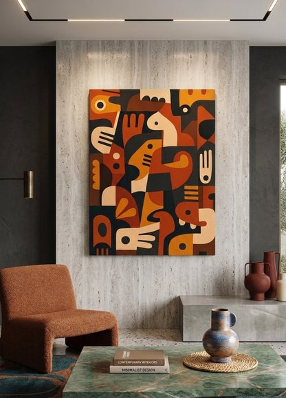 Tableau abstrait terracotta Terra Figures présenté accroché au mur dans un salon contemporain
