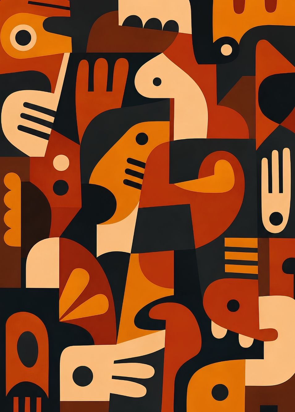 Tableau terracotta pleine page aux personnages abstraits et formes graphiques dans des nuances orange, chocolat, beige et noir
