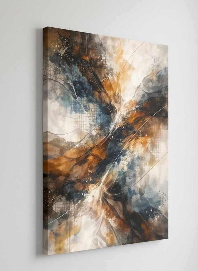 Vue profil tableau abstrait texturé sur châssis impression haute définition design moderne
