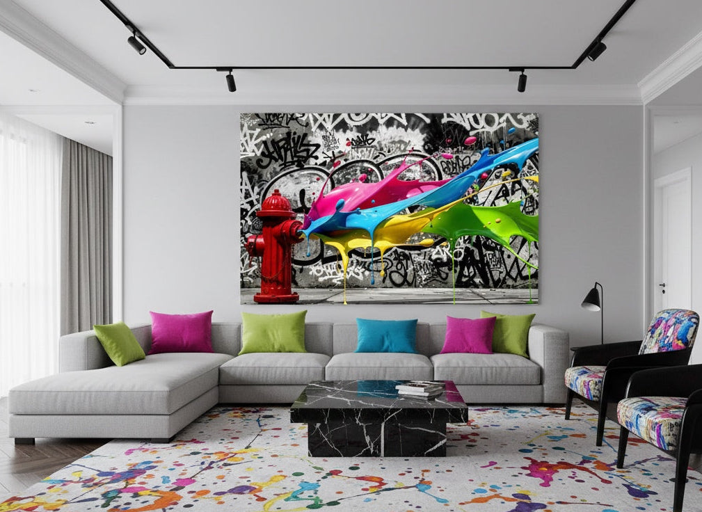 Jeu de contrastes urbains, tags monochromes et éclats colorés pour déco murale moderne
