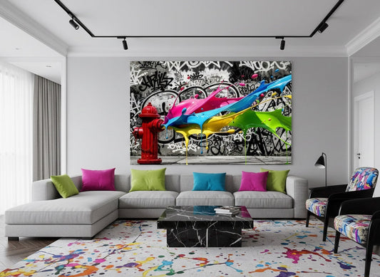 Jeu de contrastes urbains, tags monochromes et éclats colorés pour déco murale moderne
