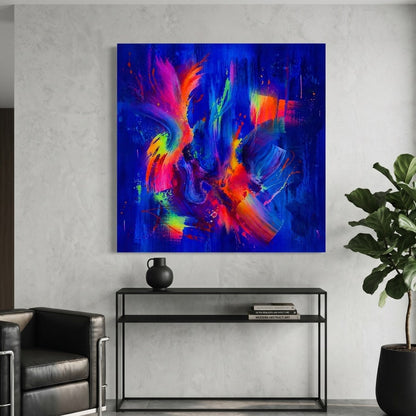 Œuvre abstraite avec effets de brosse, coulures et textures colorées en style contemporain
