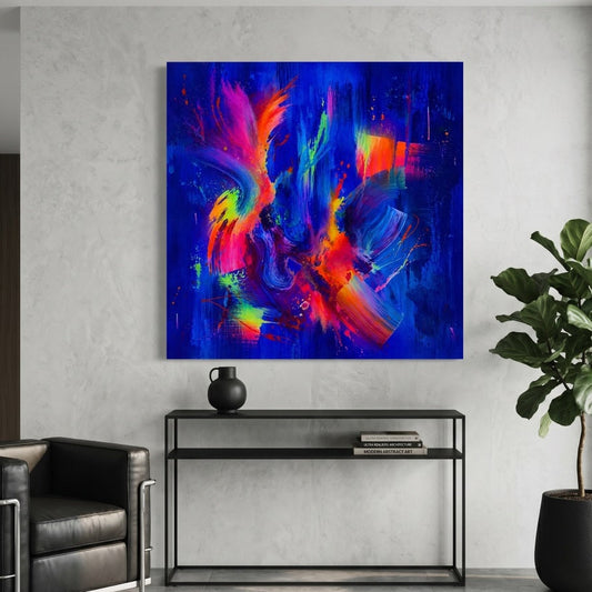 Œuvre abstraite avec effets de brosse, coulures et textures colorées en style contemporain
