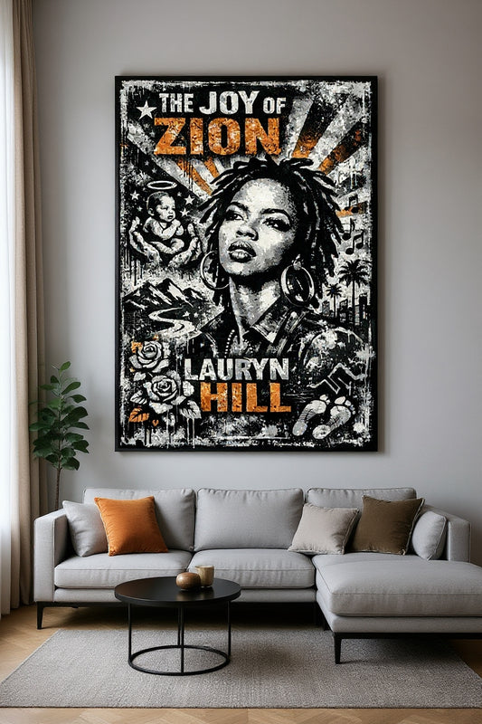 Portrait Lauryn Hill pop art en situation dans un interieur moderne
