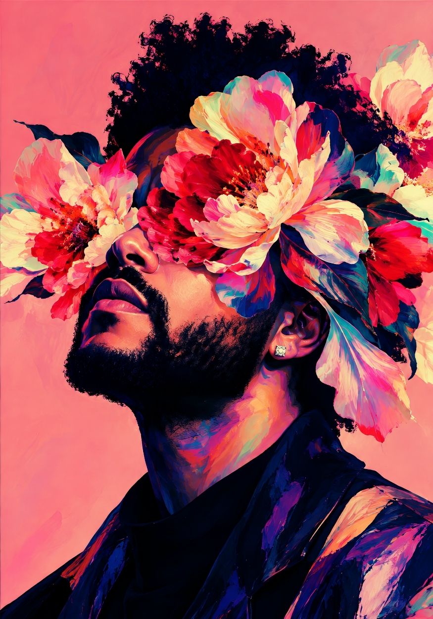 Tableau The Weeknd avec grandes fleurs colorées
