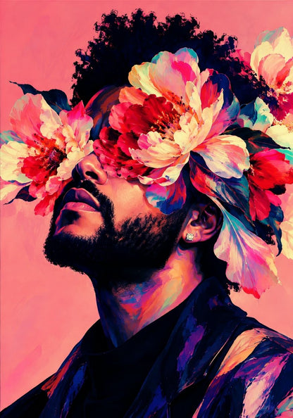 Tableau The Weeknd avec grandes fleurs colorées
