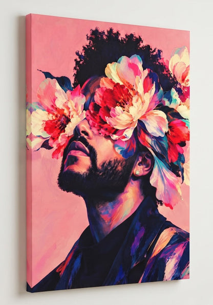Portrait artistique de The Weeknd entouré de fleurs roses et rouges
