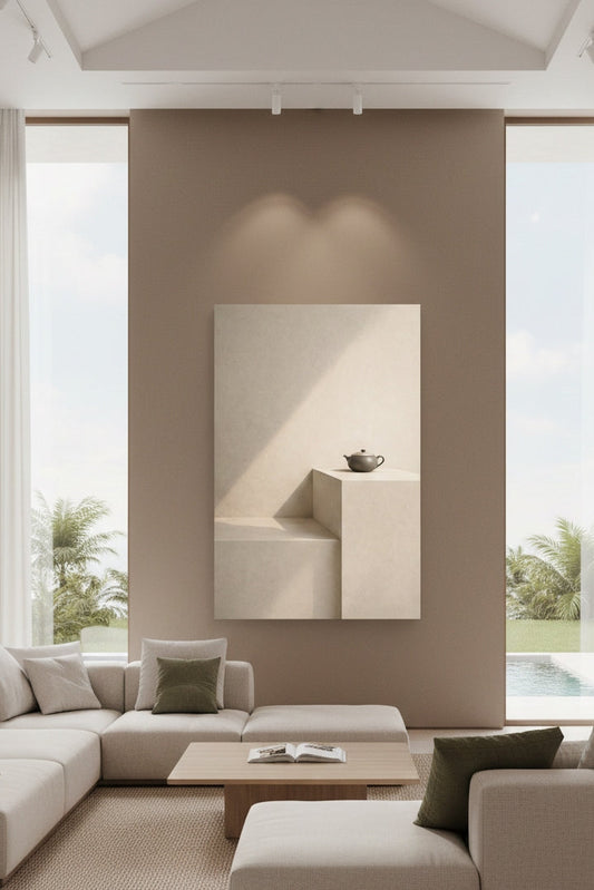 Tableau théière zen accroché dans salon japandi ambiance calme et contemplation décoration murale minimaliste
