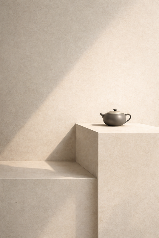 Tableau théière minimaliste sur socle beige lumière douce décoration murale zen contemporaine
