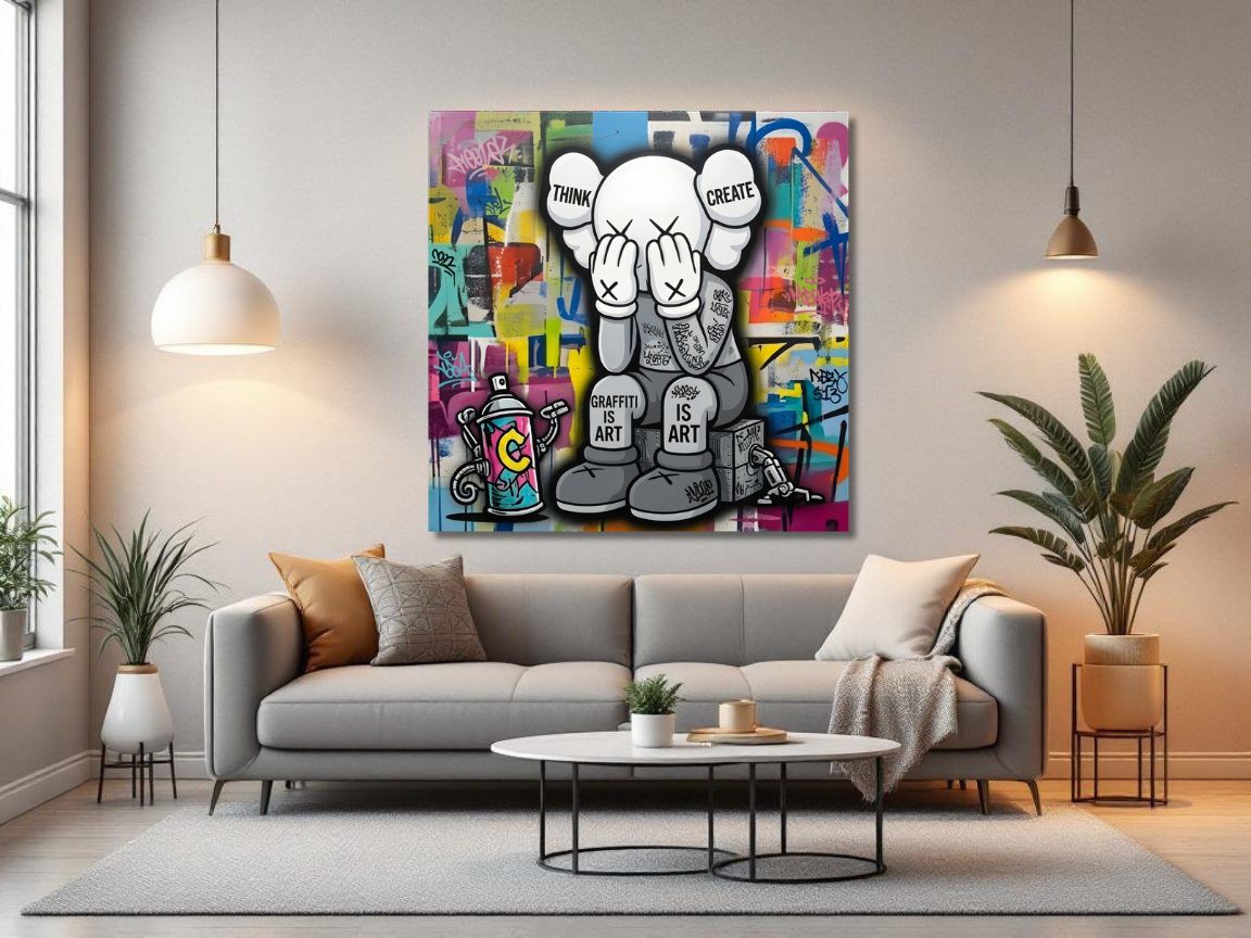 Tableau street art Kaws think create dans un salon moderne décoration murale urbaine design contemporain
