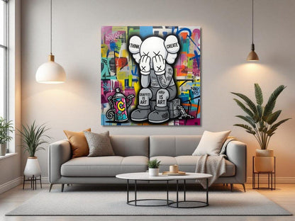 Tableau street art Kaws think create dans un salon moderne décoration murale urbaine design contemporain
