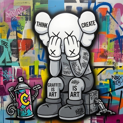 Tableau street art Kaws think create avec personnage graphique yeux croix et fond graffiti coloré moderne
