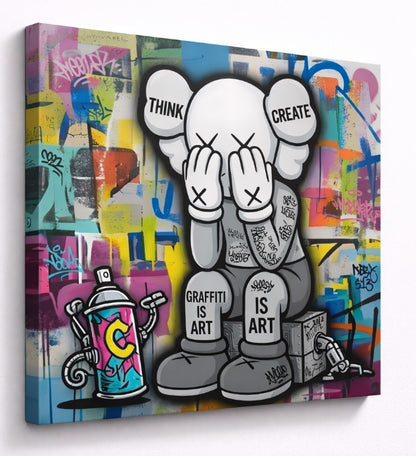 Vue profil tableau street art Kaws avec effet relief et détails graffiti urbain impression haute définition
