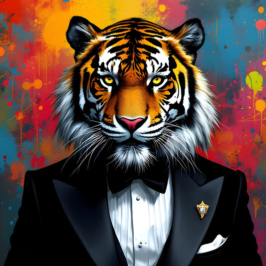 Tigre revisité en costume chic en style pop art
