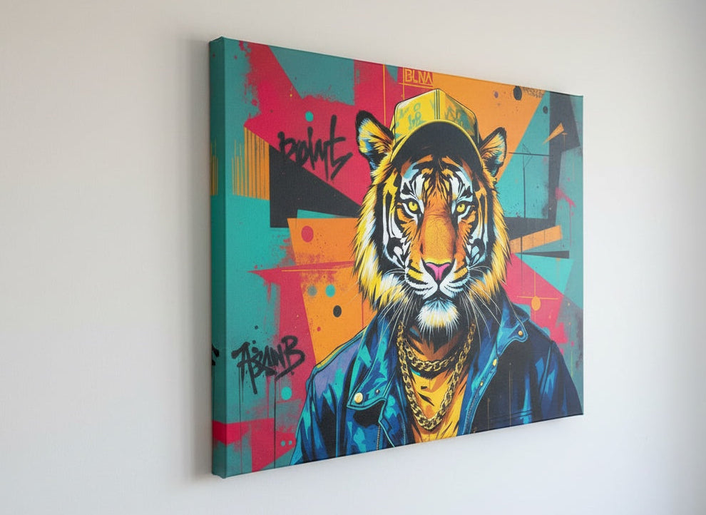 Détails graphiques et couleurs pop sur portrait de tigre
