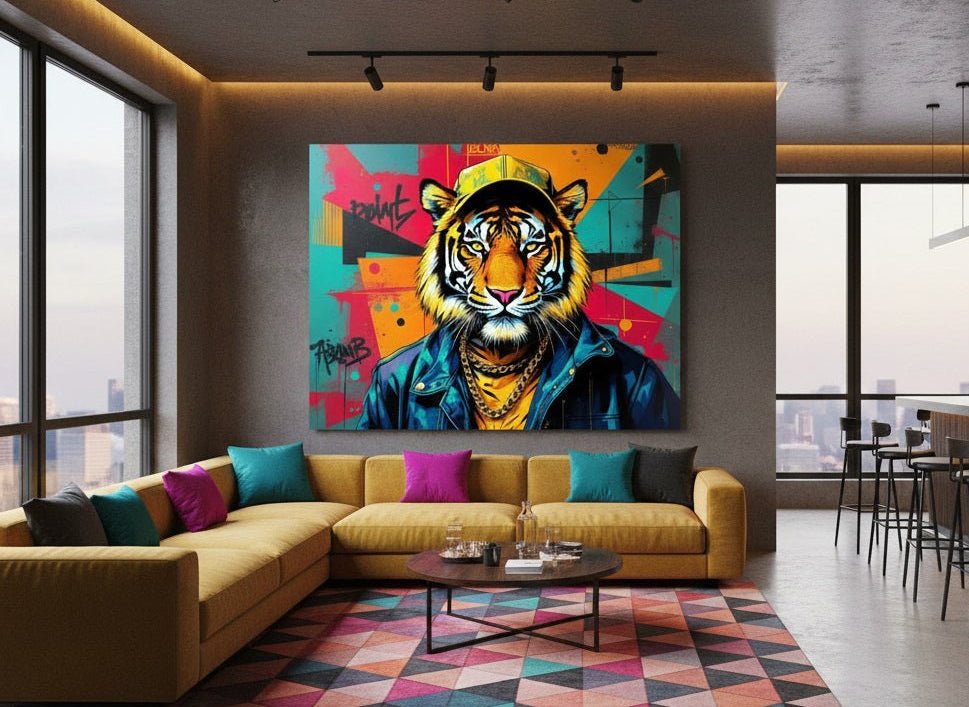 Tableau animal revisité intégré dans un intérieur contemporain moderne
