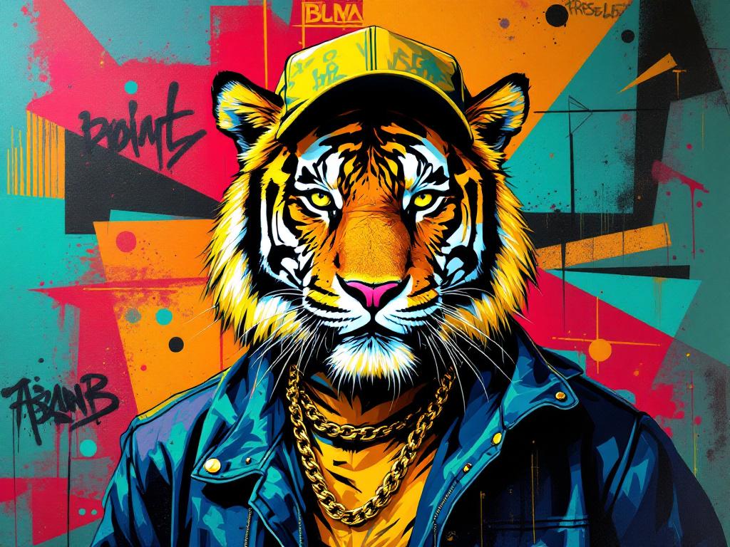 Tableau tigre revisité en style street art urbain moderne
