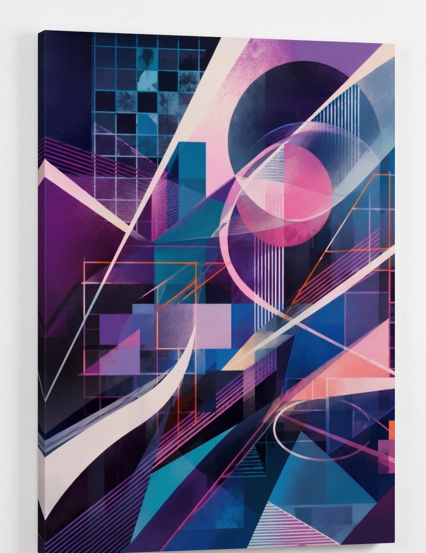 Tableau design contemporain mêlant formes géométriques, transparences et mouvement graphique
