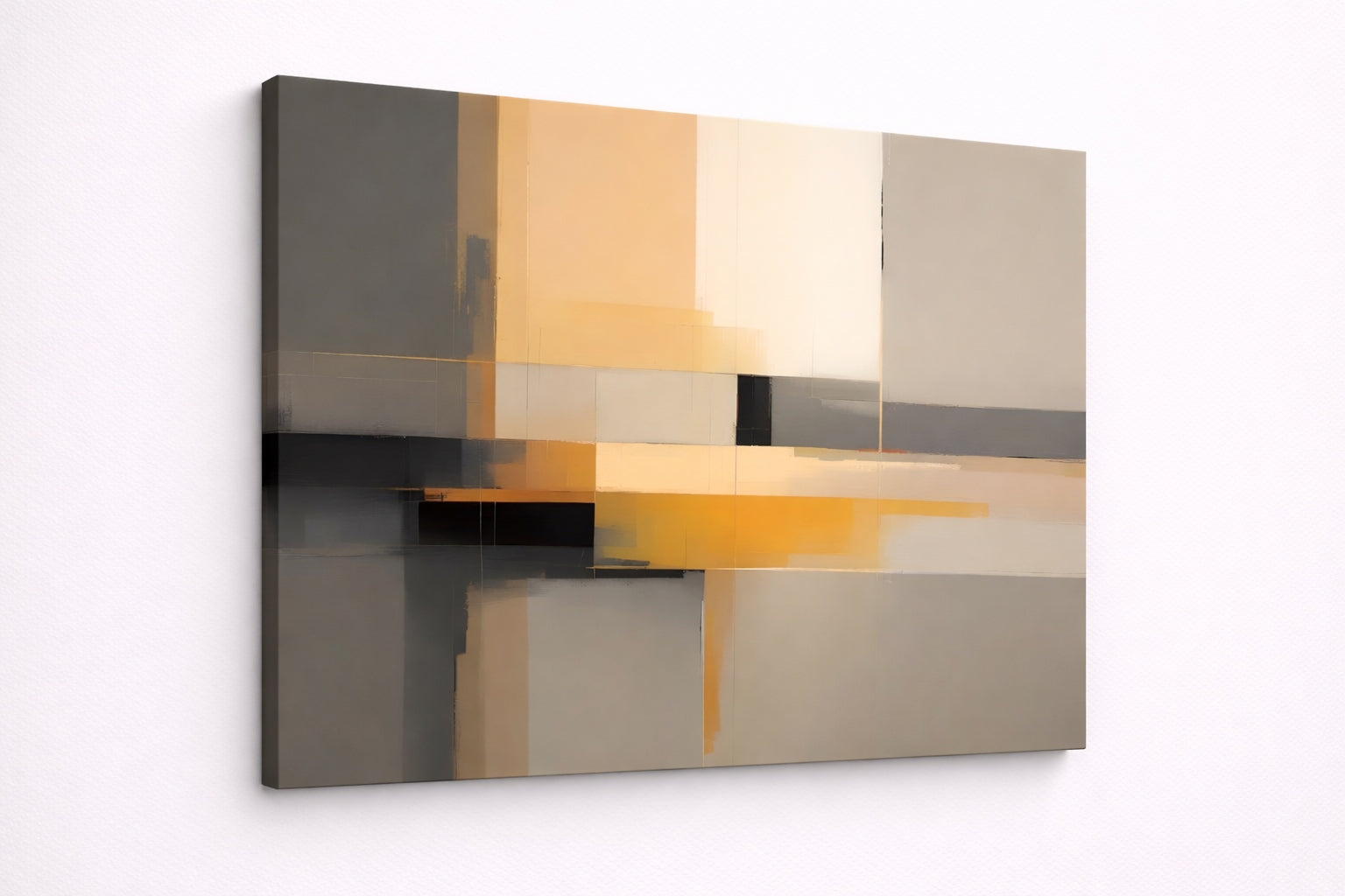 Vue de profil tableau abstrait beige ocre imprimé sur toile artistique avec composition géométrique minimaliste
