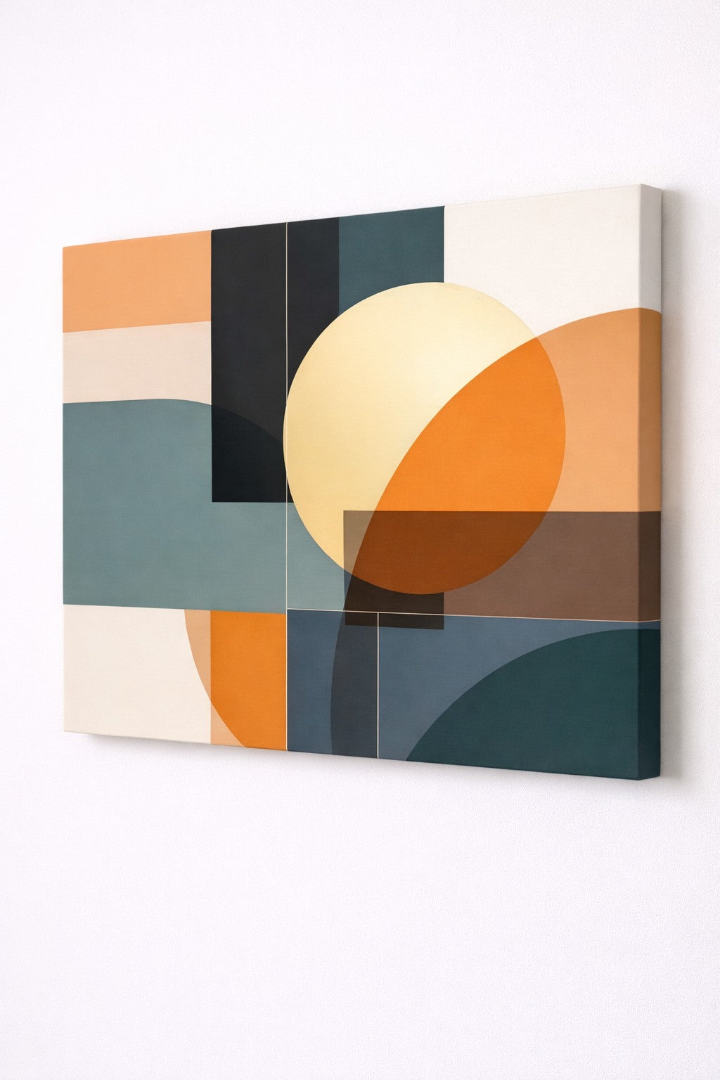 Vue de profil du tableau abstrait géométrique sur toile, tons ocre et bleu
