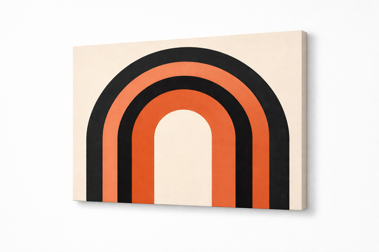 Châssis entoilé d'un tableau abstrait minimaliste représentant une arche aux tons terracotta et noir