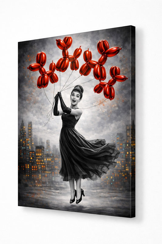 Tableau design femme élégante avec ballons rouges effet brillant et ambiance artistique moderne
