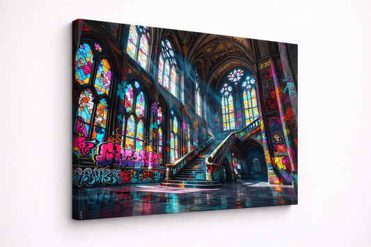 Vue de profil impression sur toile château graffiti street art architecture intérieure gothique
