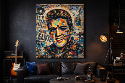 Elvis revisité en pop art vintage, collage graphique et esprit rock
