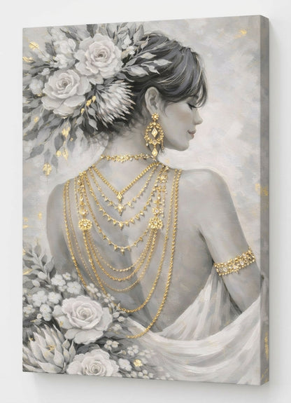 Vue de profil impression toile portrait femme élégante bijoux dorés
