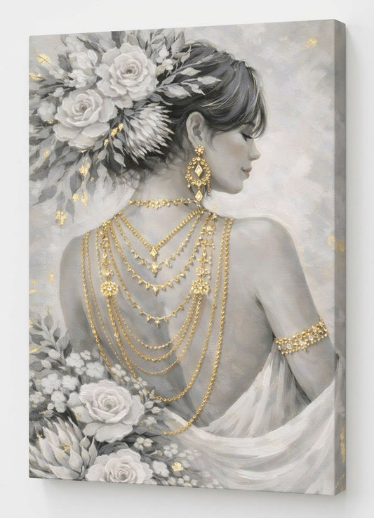 Vue de profil impression toile portrait femme élégante bijoux dorés
