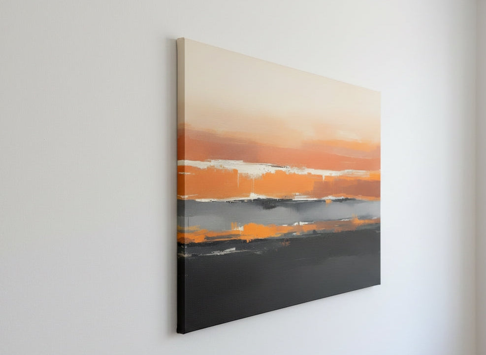 Vue de profil du tableau de figuration contemporaine sur toile aux tons ocre et noir
