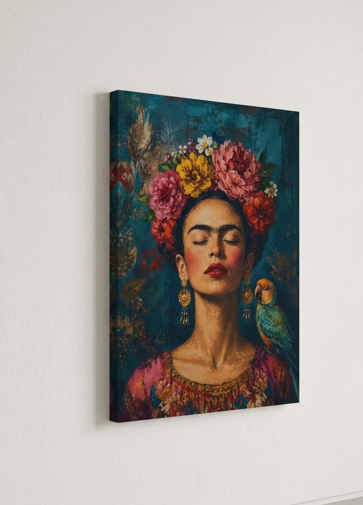Tableau Frida Kahlo floral sur châssis entoilé présenté légèrement de profil
