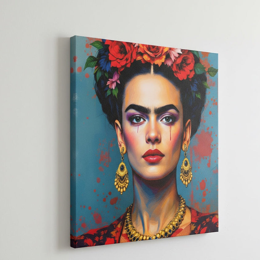 Tableau Frida Kahlo moderne imprimé sur toile et présenté de profil avec son châssis entoilé
