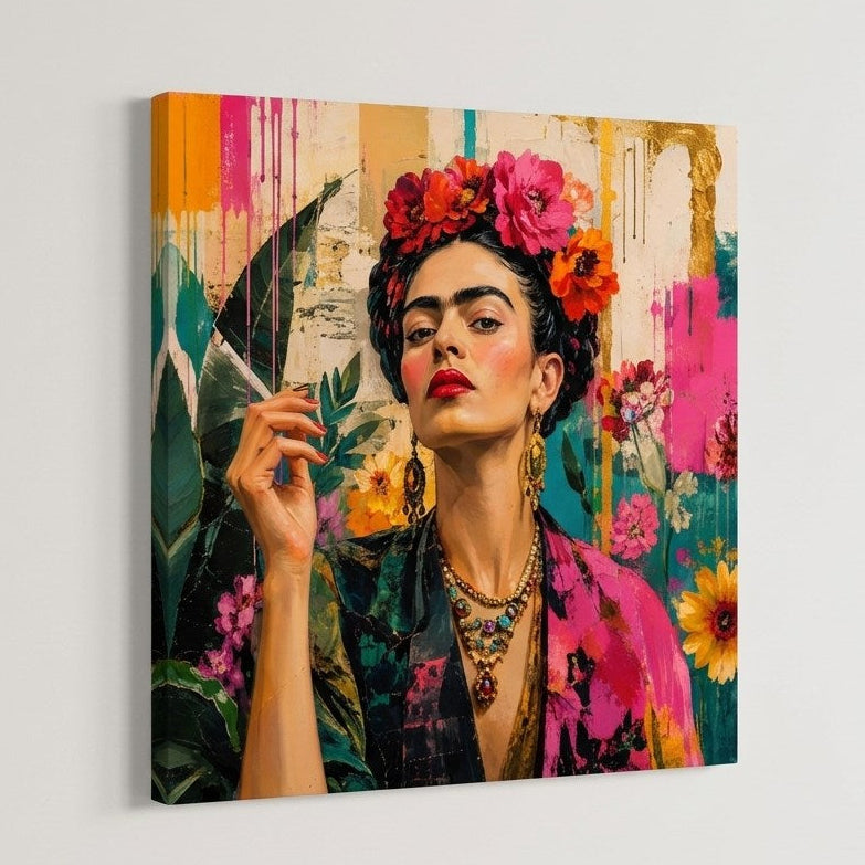 Tableau Frida Kahlo coloré sur châssis entoilé présenté légèrement de profil
