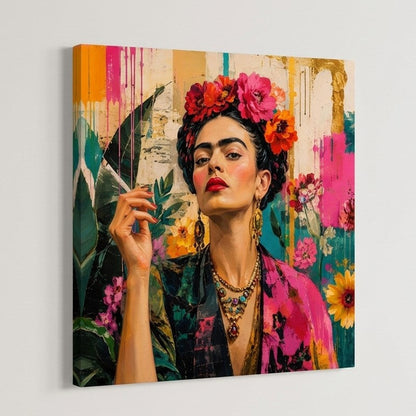 Tableau Frida Kahlo coloré sur châssis entoilé présenté légèrement de profil

