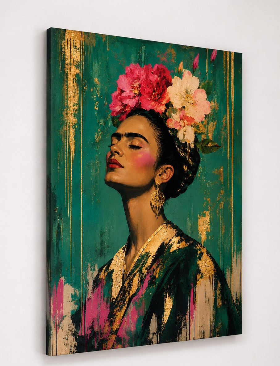 Tableau portrait Frida Kahlo vert sur châssis entoilé présenté légèrement de profil
