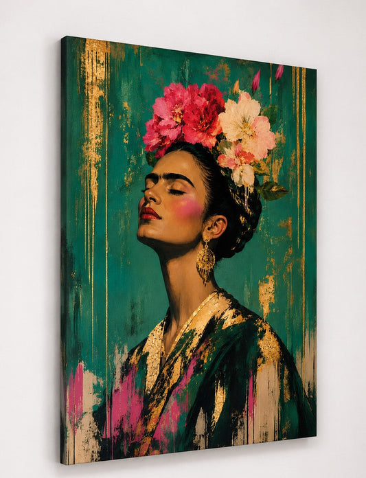 Tableau portrait Frida Kahlo vert sur châssis entoilé présenté légèrement de profil

