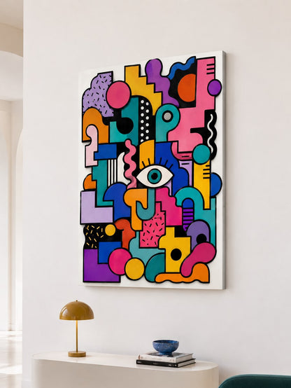 Tableau abstrait moderne coloré imprimé sur toile et présenté de profil avec son châssis bois
