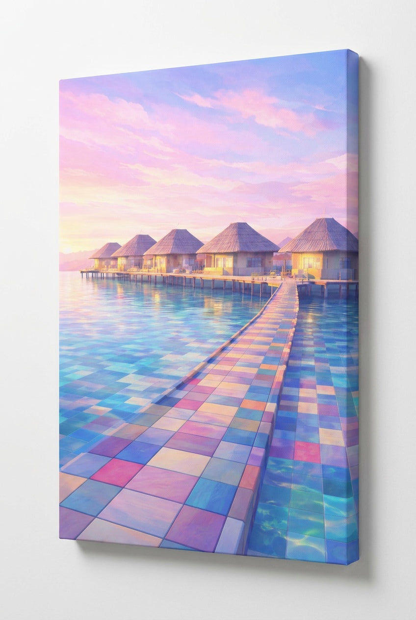 Vue de profil impression sur toile illustration Maldives bungalows sur pilotis lagon tropical
