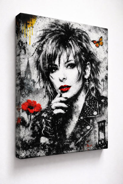 Vue de profil portrait Mylène Farmer impression sur toile style street art textures graffiti urbain
