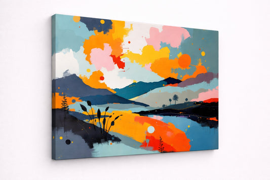 Vue de profil impression sur toile paysage abstrait lac et montagnes couleurs contemporaines
