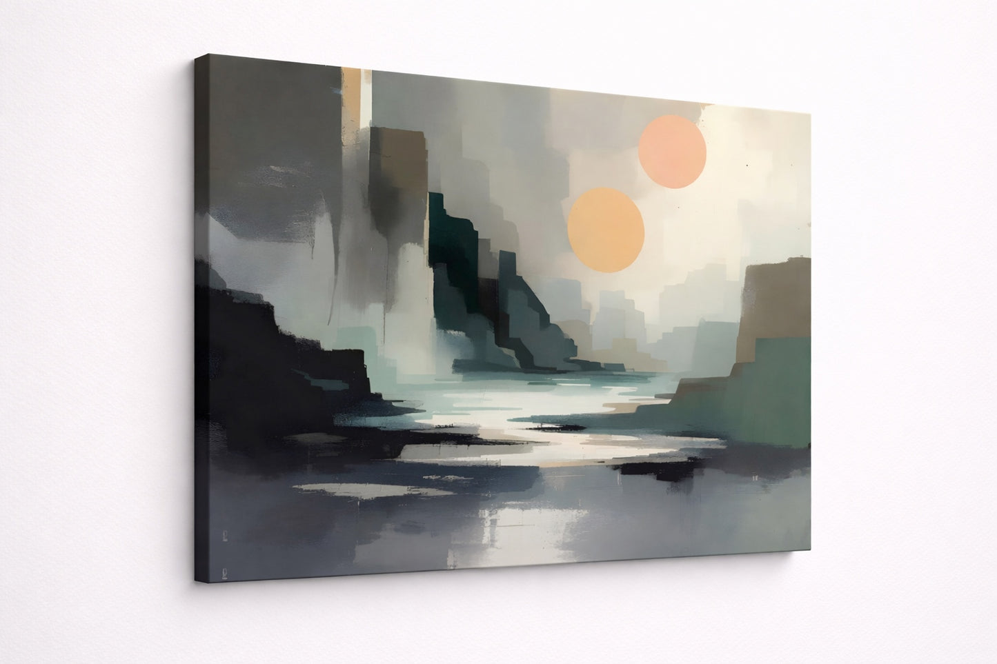 Vue de profil impression sur toile paysage urbain minimaliste lac et architecture brumeuse
