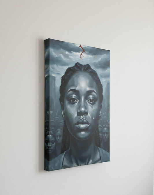 Toile sur châssis entoilé : tableau portrait femme figuration expressive, rendu matière et profondeur de la toile
