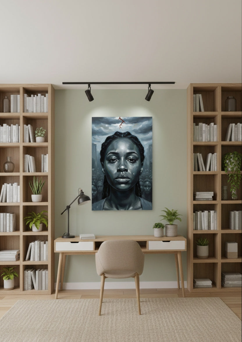 Tableau portrait femme moderne en figuration expressive dans un intérieur contemporain, déco murale expressive et élégante
