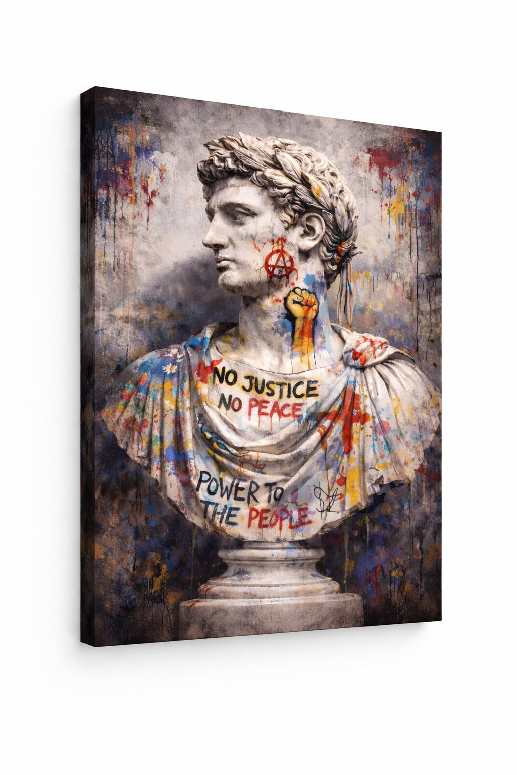 Vue de profil impression sur toile statue romaine graffiti style street art
