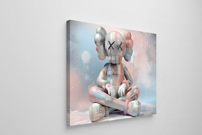 Tableau pop art personnage iconique assis ambiance urbaine
