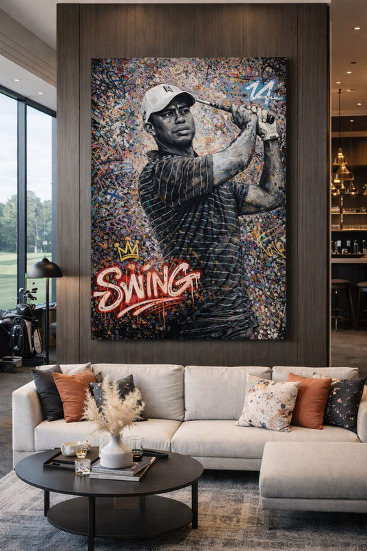 Tableau Tiger Woods pop art en mise en situation intérieure
