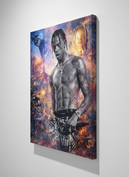 Vue de profil impression sur toile portrait Travis Scott style collage artistique rap contemporain
